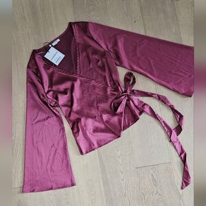 Nwt Glamorous Satiny Wine Color Wrap Blouse